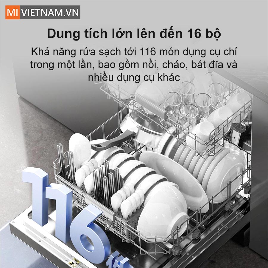 Máy rửa bát, rửa chén Xiaomi 16 bộ Mijia N1 - Hàng chính hãng 12 Dung tích lớn cho khả năng rửa sạch 16 bộ chén bát một lần