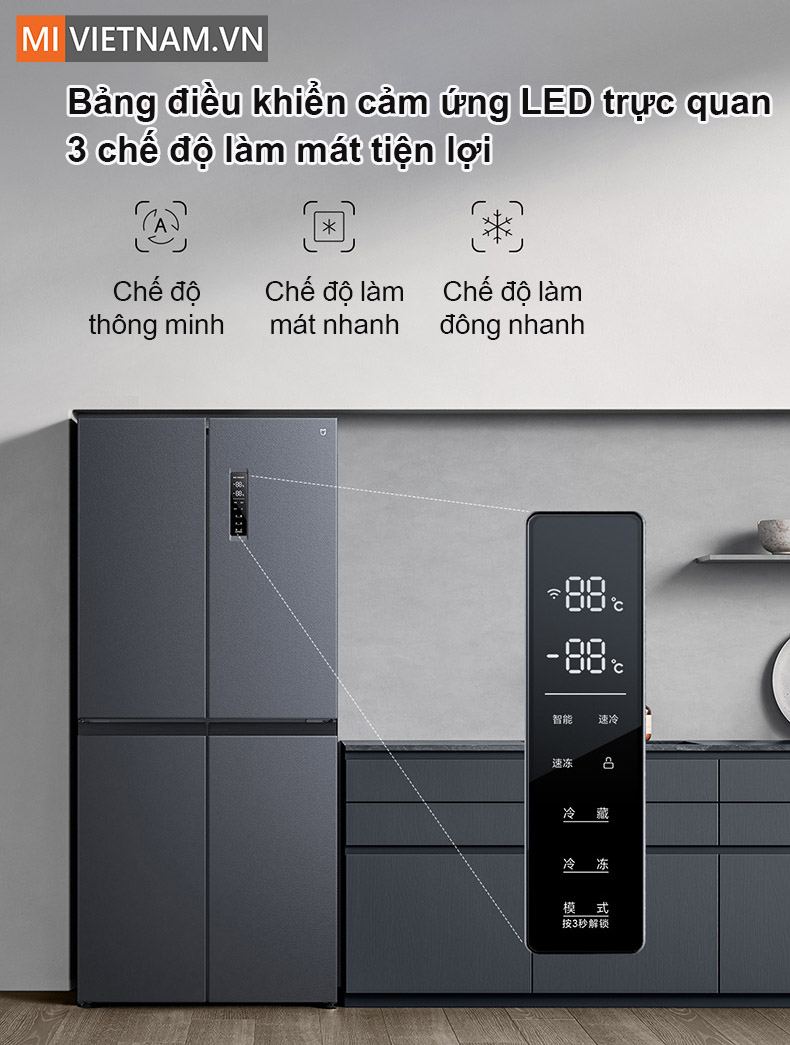 Tủ lạnh Xiaomi Mijia 430L 4 cánh - Có ngăn đông mềm, kháng khuẩn 10 Bảng điều khiển cảm ứng LED