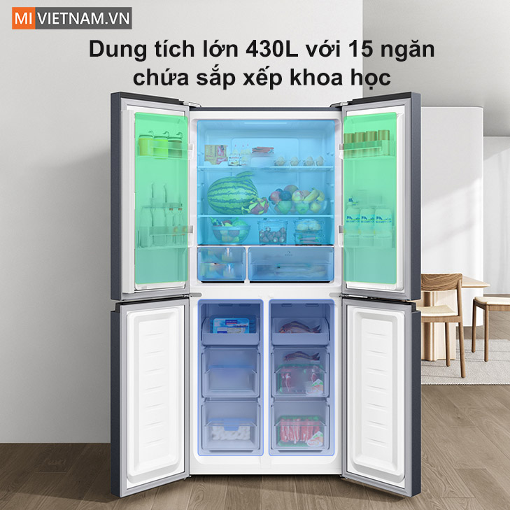 Tủ lạnh Xiaomi Mijia 430L 4 cánh - Có ngăn đông mềm, kháng khuẩn 5 Dung tích lớn 430L, có 17 ngăn chứa sắp xếp khoa học